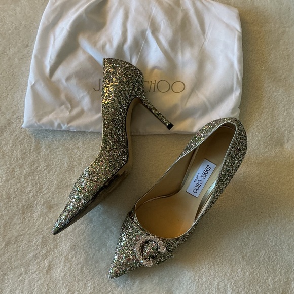 Rare Jimmy Choo Green Saresa 85 Glittered Court Shoes With Crystal Buckle - Picture 3 of 9